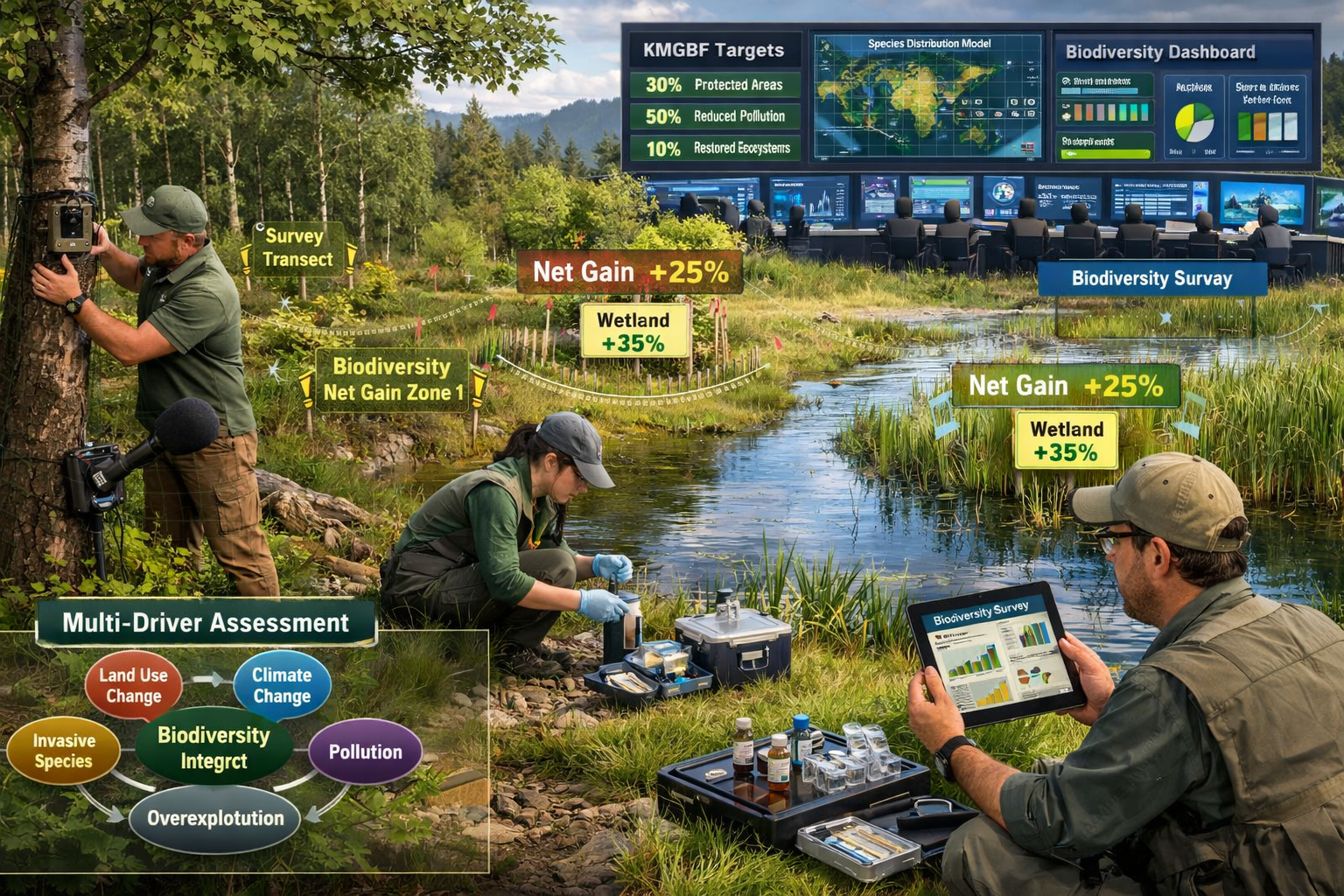 Detailed () image depicting integrated monitoring and assessment protocols in action across multiple ecosystems. Foreground