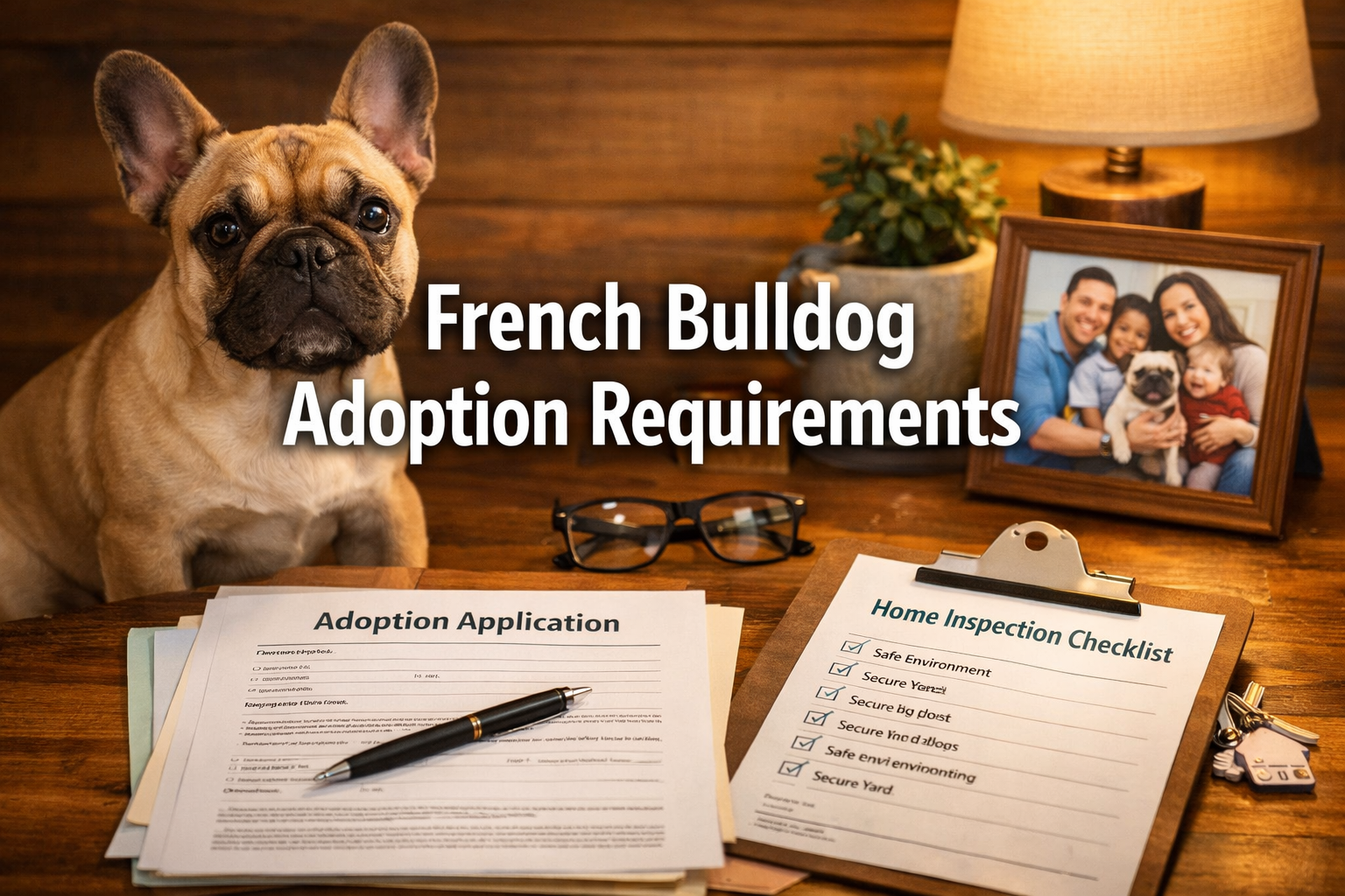 Professional landscape format (1536x1024) hero image with bold text overlay 'French Bulldog Adoption Requirements' in 70pt white sans-serif 