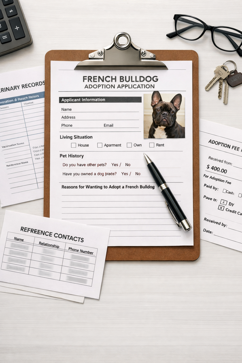 Portrait format (1024x1536) showing French Bulldog adoption application form on clipboard with pen, veterinary records, reference contact li