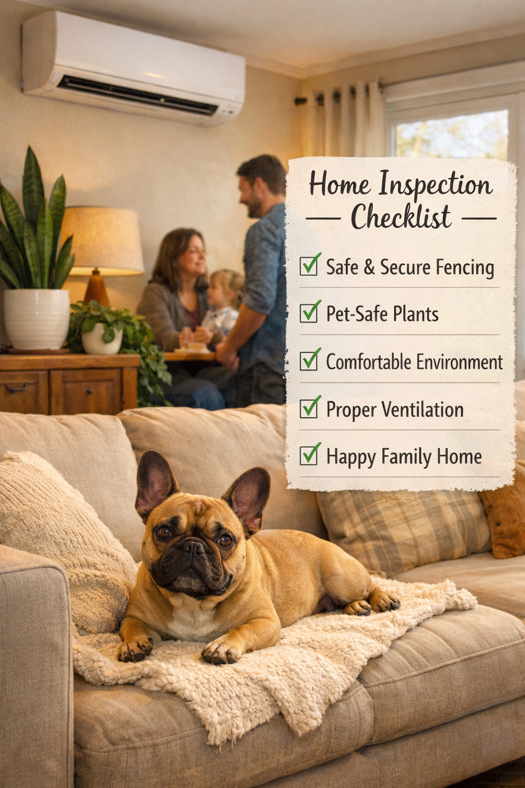 Portrait format (1024x1536) depicting cozy living room interior with French Bulldog lying on sofa, showing air conditioning unit on wall, pe