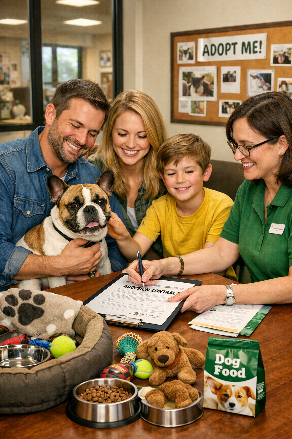 Portrait format (1024x1536) featuring French Bulldog with new family during meet-and-greet session, adoption counselor reviewing final paper