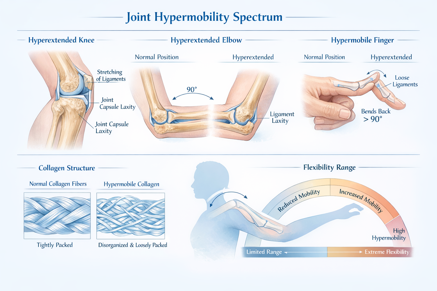 Landscape format (1536x1024) medical illustration showing joint hypermobility spectrum with anatomical cross-sections of hyperextended joint