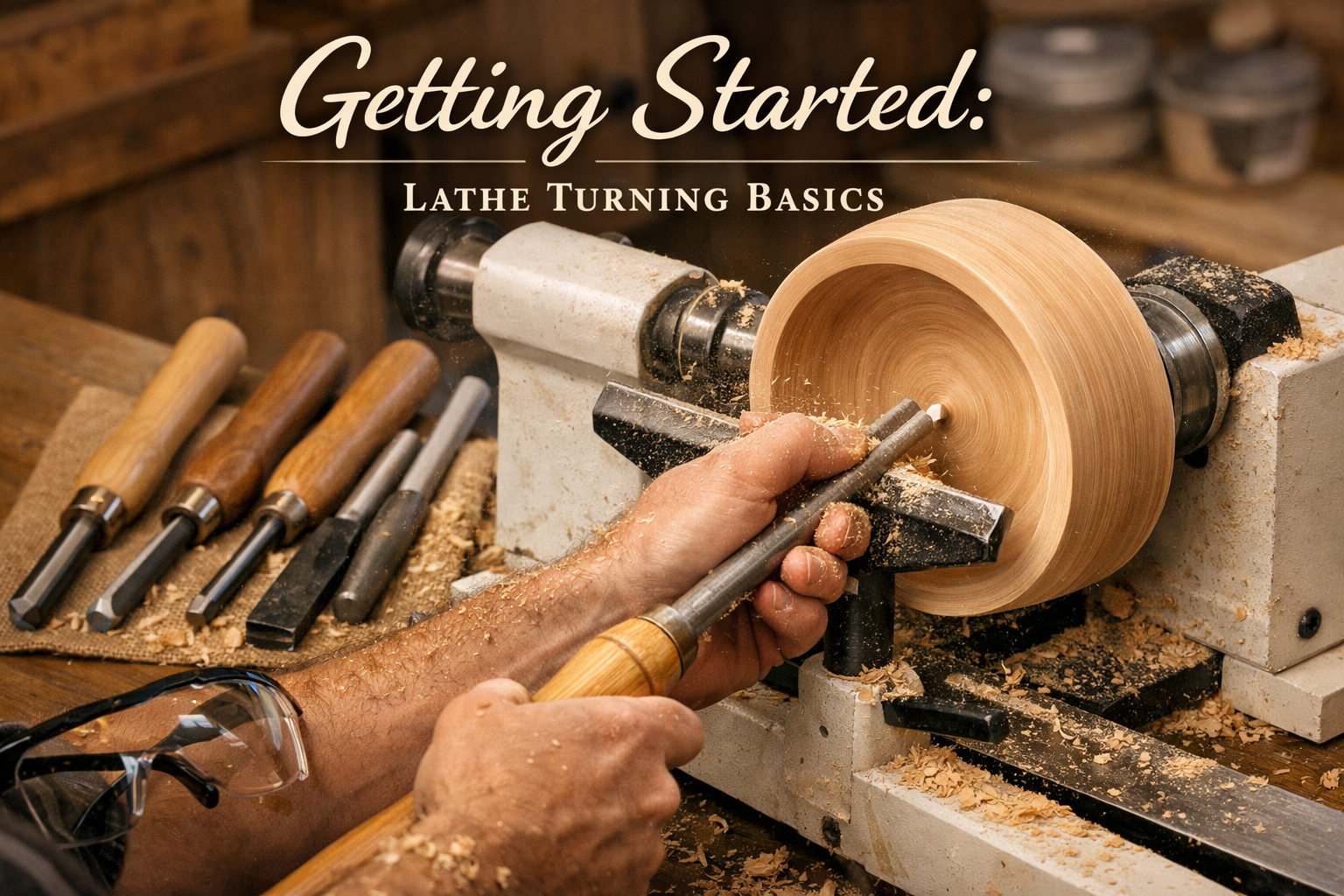 Detailed landscape format (1536x1024) image focusing on a beginner woodturning setup for a simple wooden fruit bowl. Show a close-up of hand