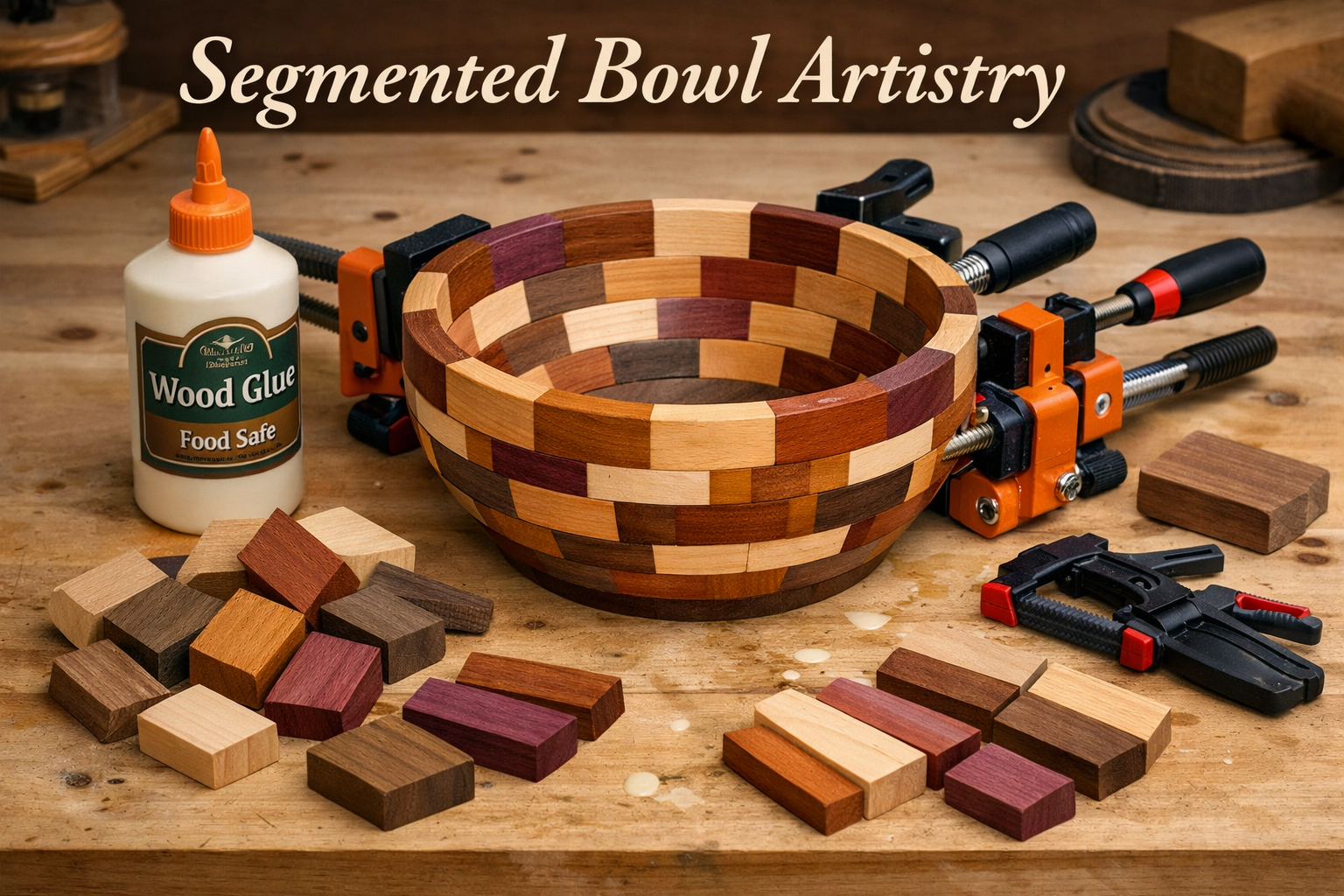 Detailed landscape format (1536x1024) image showcasing the intricate process of creating a segmented wooden fruit bowl. Display a partially