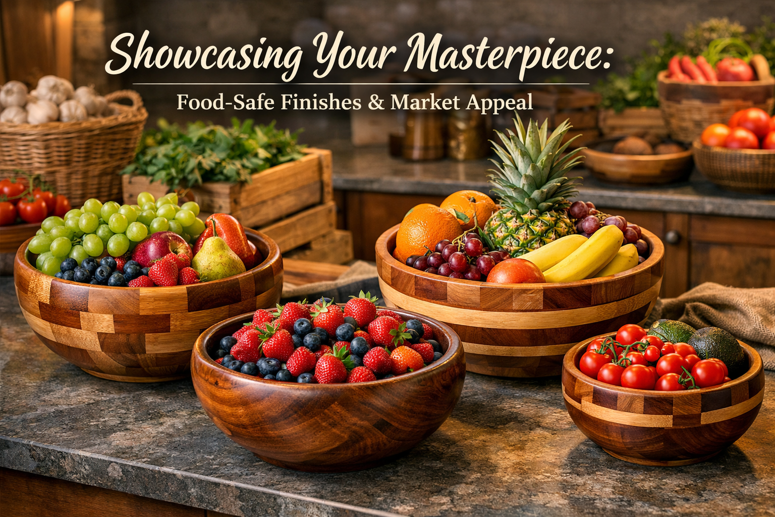 Detailed landscape format (1536x1024) image featuring several finished wooden fruit bowls, both lathe-turned and segmented, beautifully disp