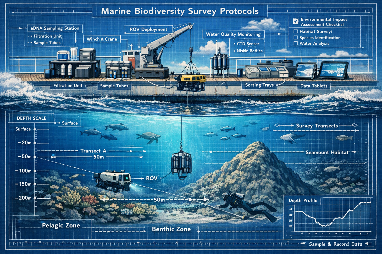 Detailed () technical illustration of marine biodiversity survey protocols showing research vessel deck with scientific