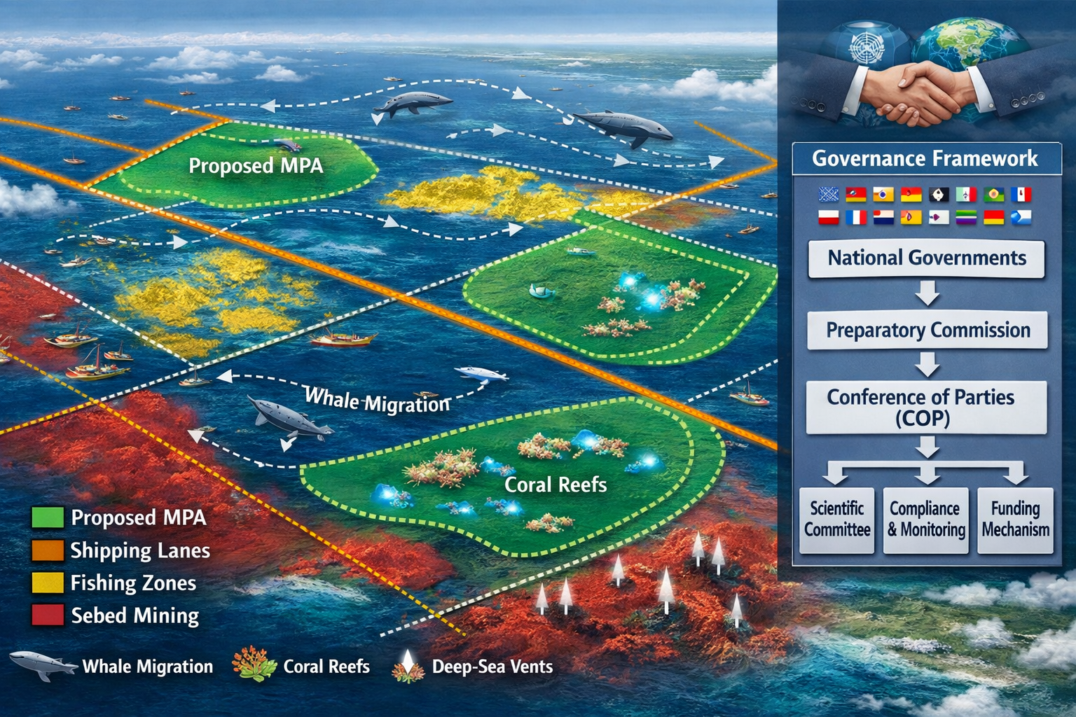 Detailed () conceptual illustration showing marine protected area designation process: aerial view of high seas region with