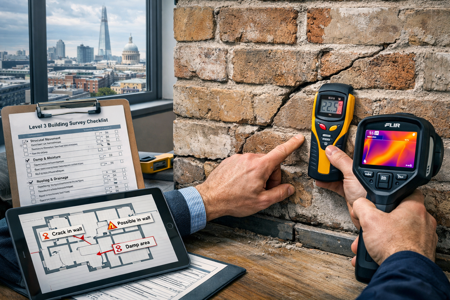 Detailed () image showing professional RICS chartered surveyor conducting Level 3 Building Survey inspection inside London
