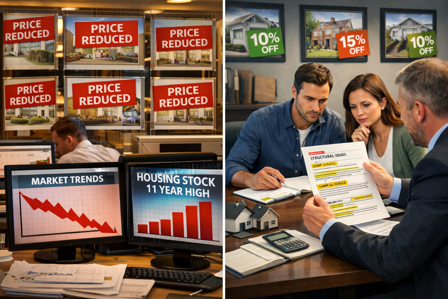 Detailed () image depicting split-screen comparison of London property market conditions: left side shows busy estate agent