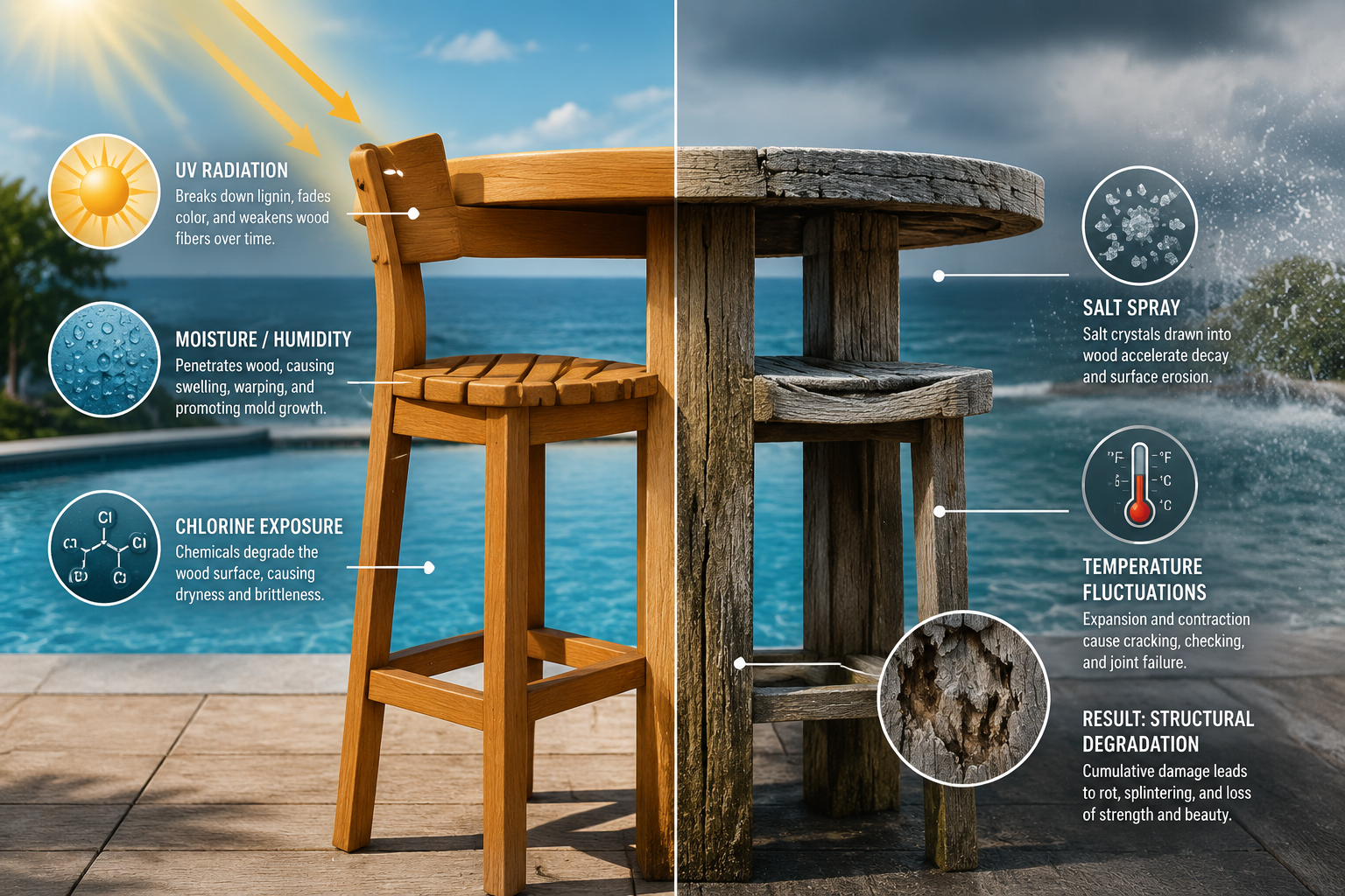 Understanding the Unique Challenges for Poolside Wood Furniture