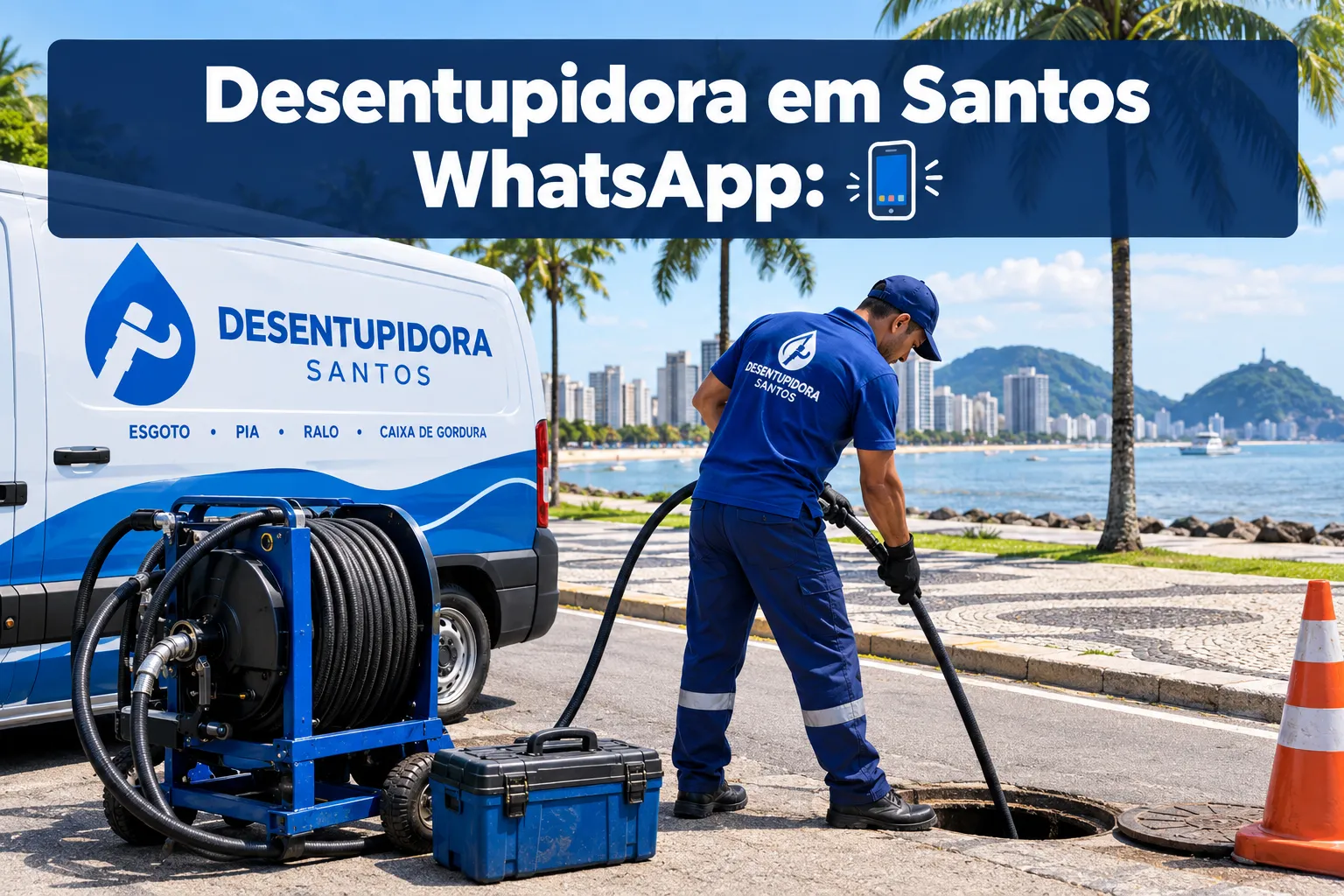 Professional () hero image with SHORT (≤42 chars): 'Desentupidora em Santos WhatsApp: 📱', white on a dark navy