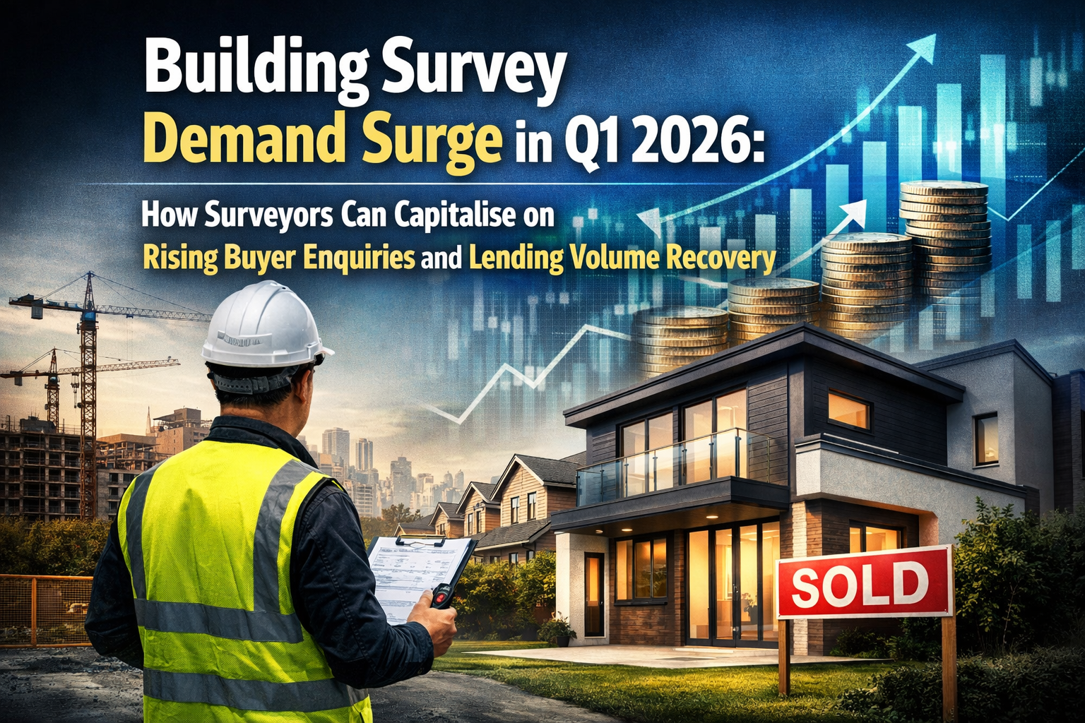 Professional landscape hero image () with : "Building Survey Demand Surge in Q1 2026: How Surveyors Can Capitalise on Rising
