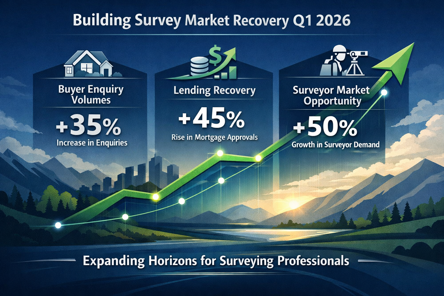 Landscape infographic visualizing key takeaways for building survey market recovery in Q1 2026, featuring stylized data