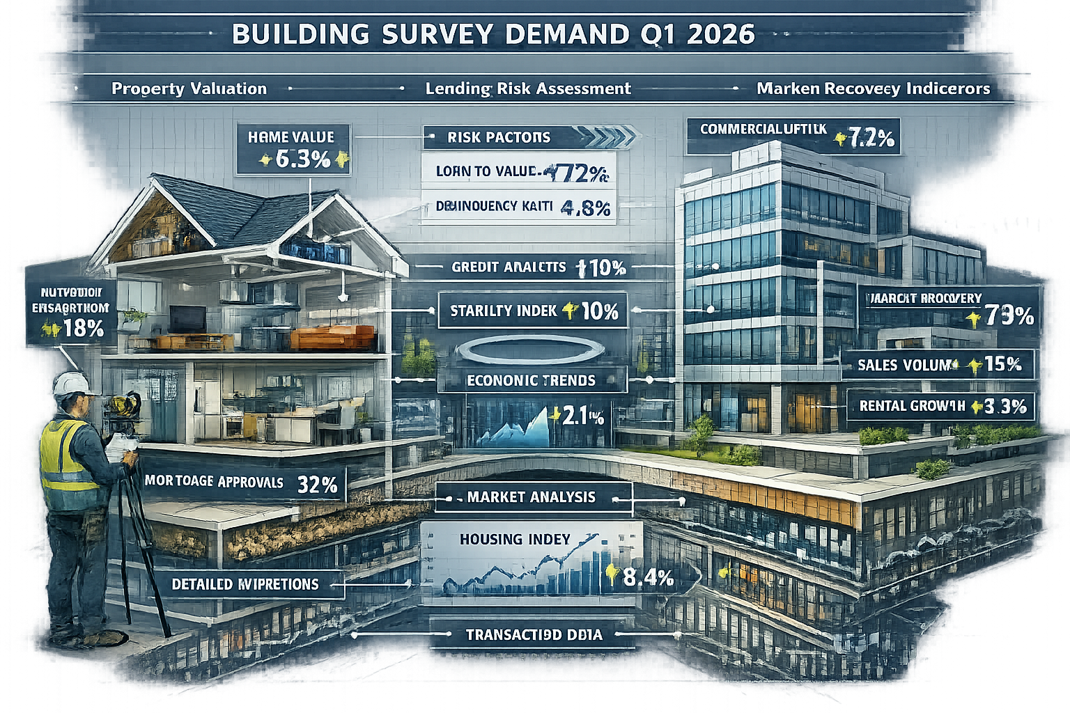 Detailed architectural cross-section illustration revealing building survey demand dynamics in Q1 2026, showing transparent