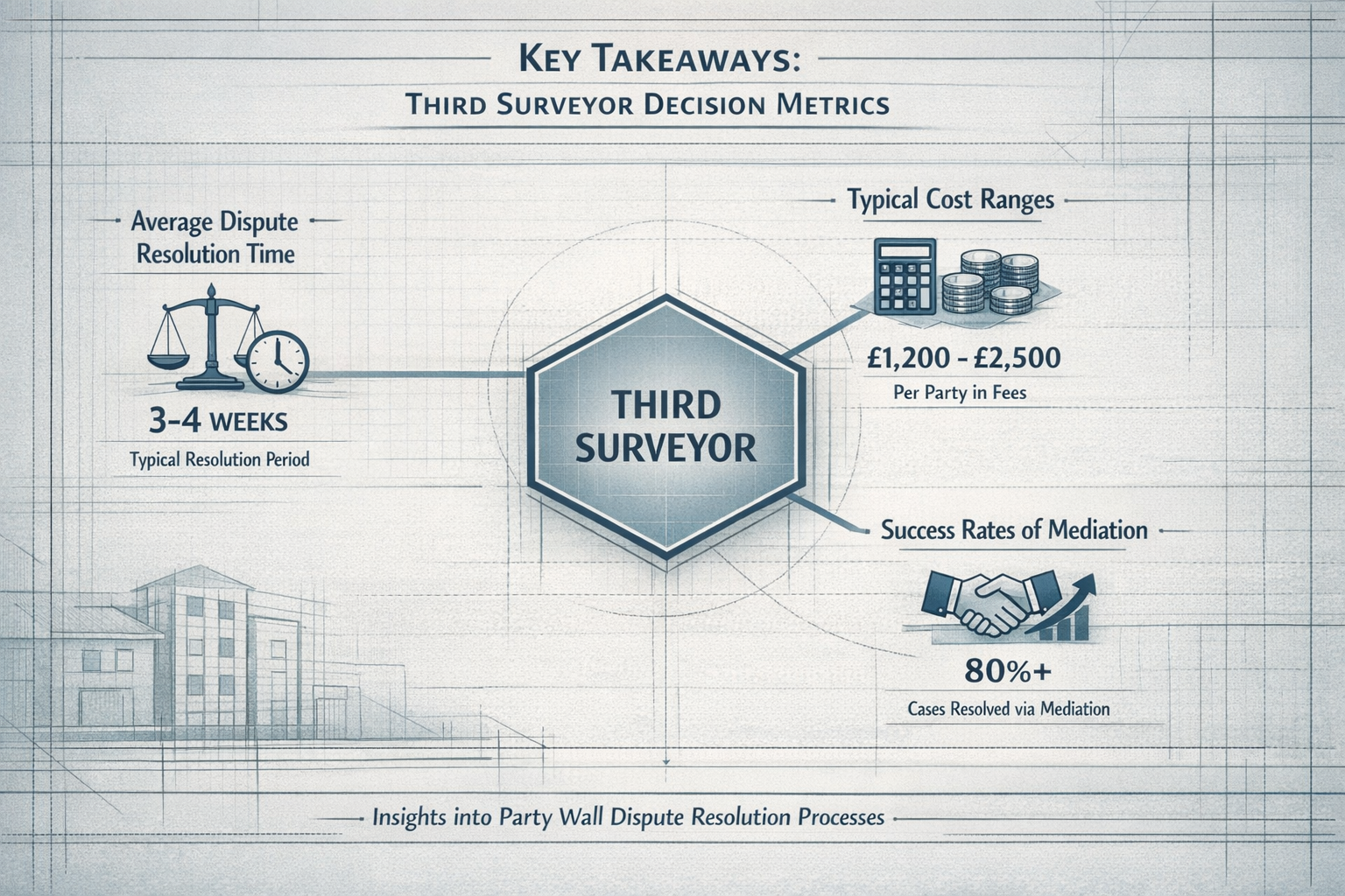 Key Takeaways infographic visualizing Third Surveyor decision metrics, featuring a central hexagonal diagram with branching