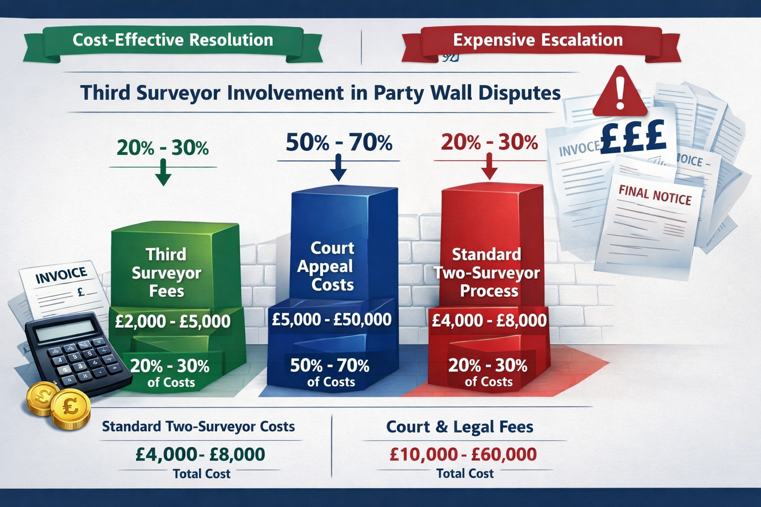 Detailed () infographic-style image displaying a cost breakdown chart for third surveyor involvement in party wall disputes.
