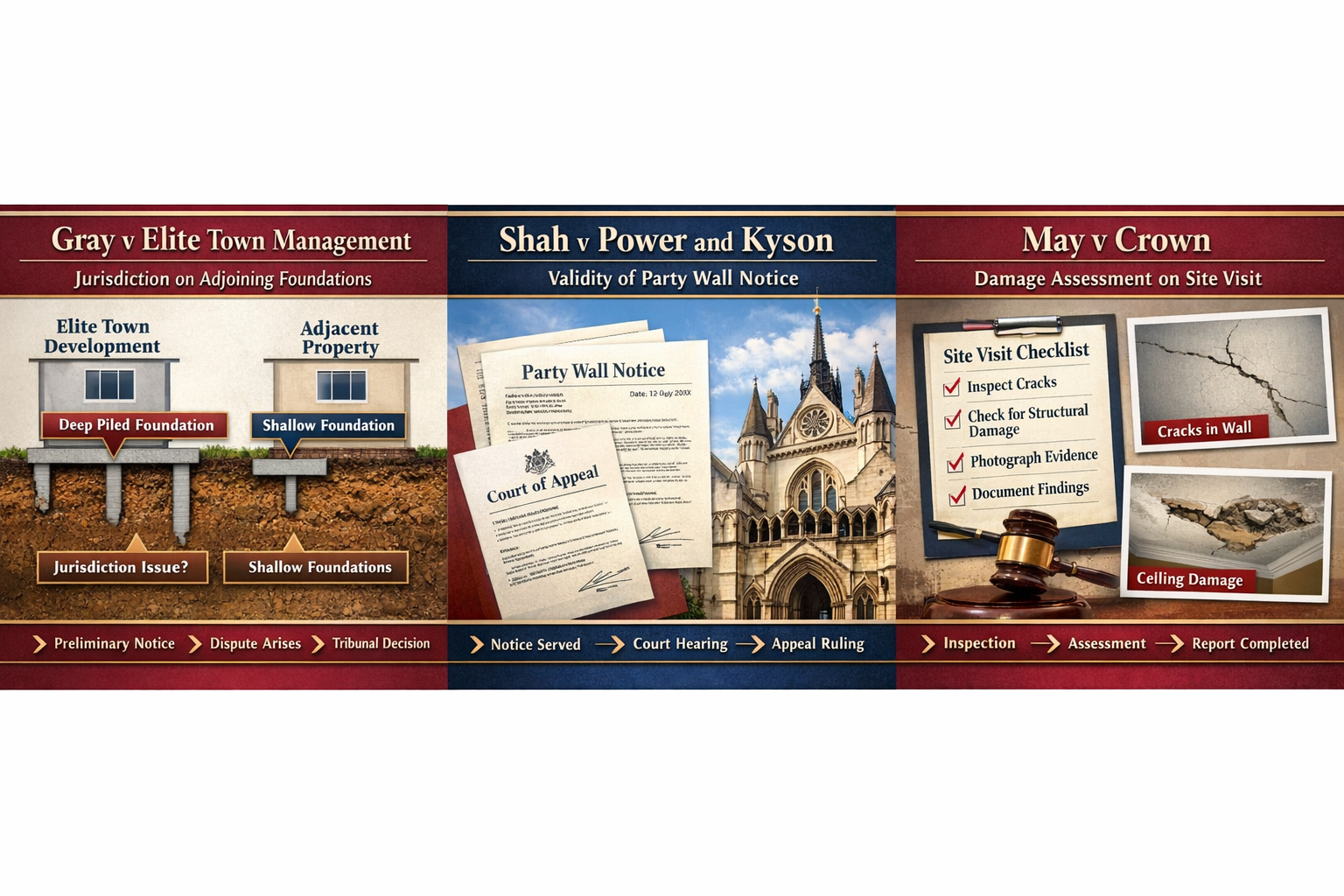 Detailed () composite image showing three distinct case study scenarios from recent party wall disputes. Left panel: Gray v