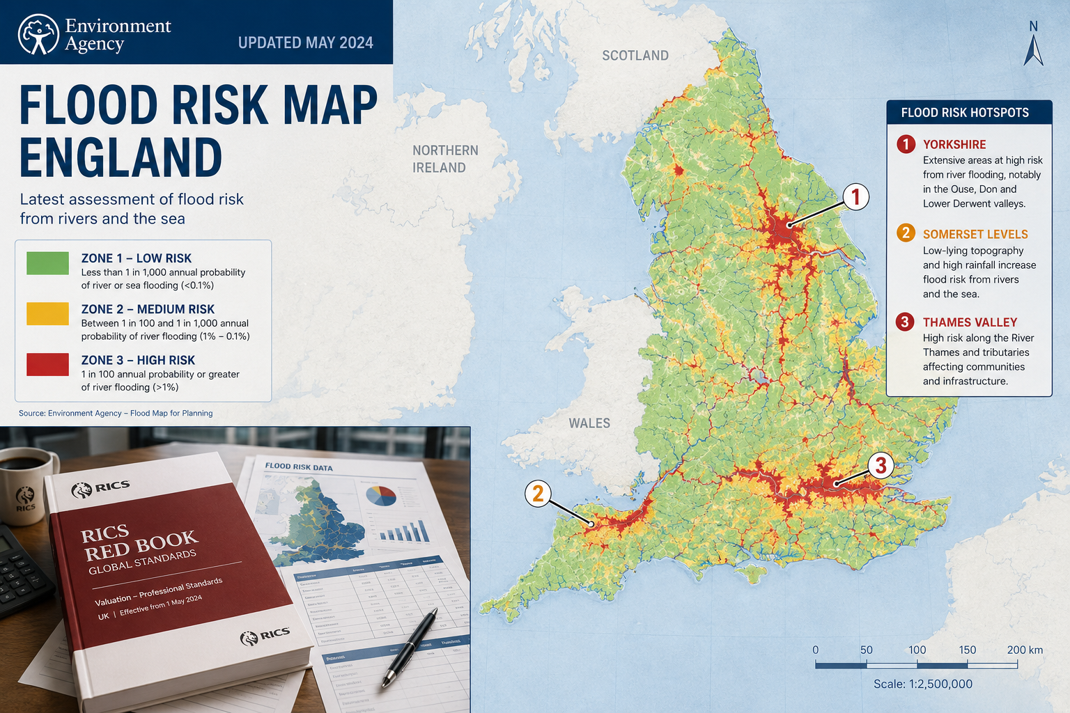 Detailed () editorial infographic showing updated Environment Agency flood risk map of England overlaid on a UK map outline,
