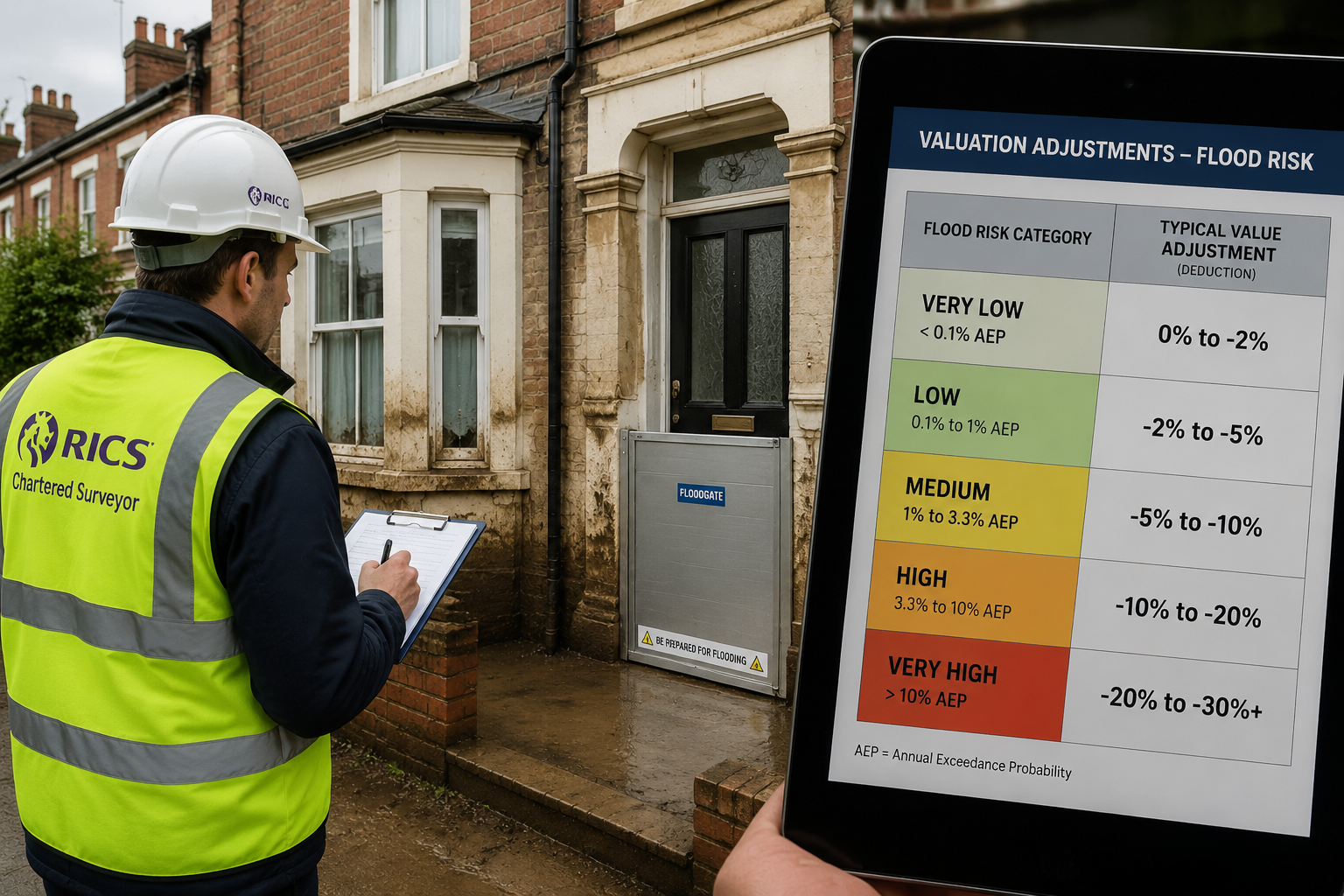 () split-composition image: left side shows a RICS chartered surveyor in hi-vis vest and hard hat standing outside a