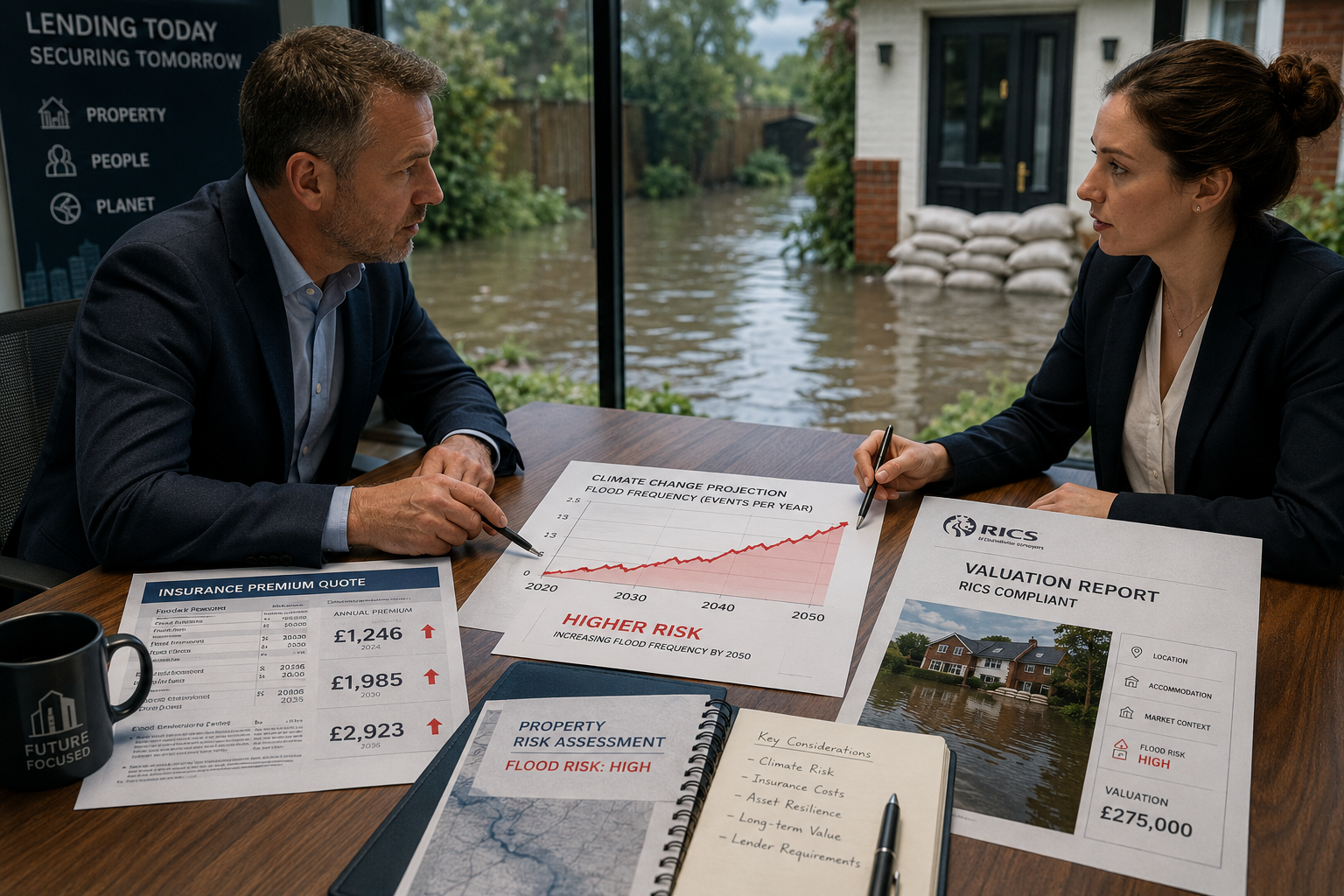 () concept illustration showing a buy-to-let investor and mortgage lender at a meeting table reviewing property documents,