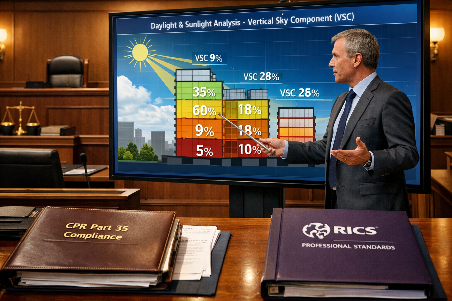 Detailed () image showing professional surveyor in business attire standing in modern courtroom environment, presenting