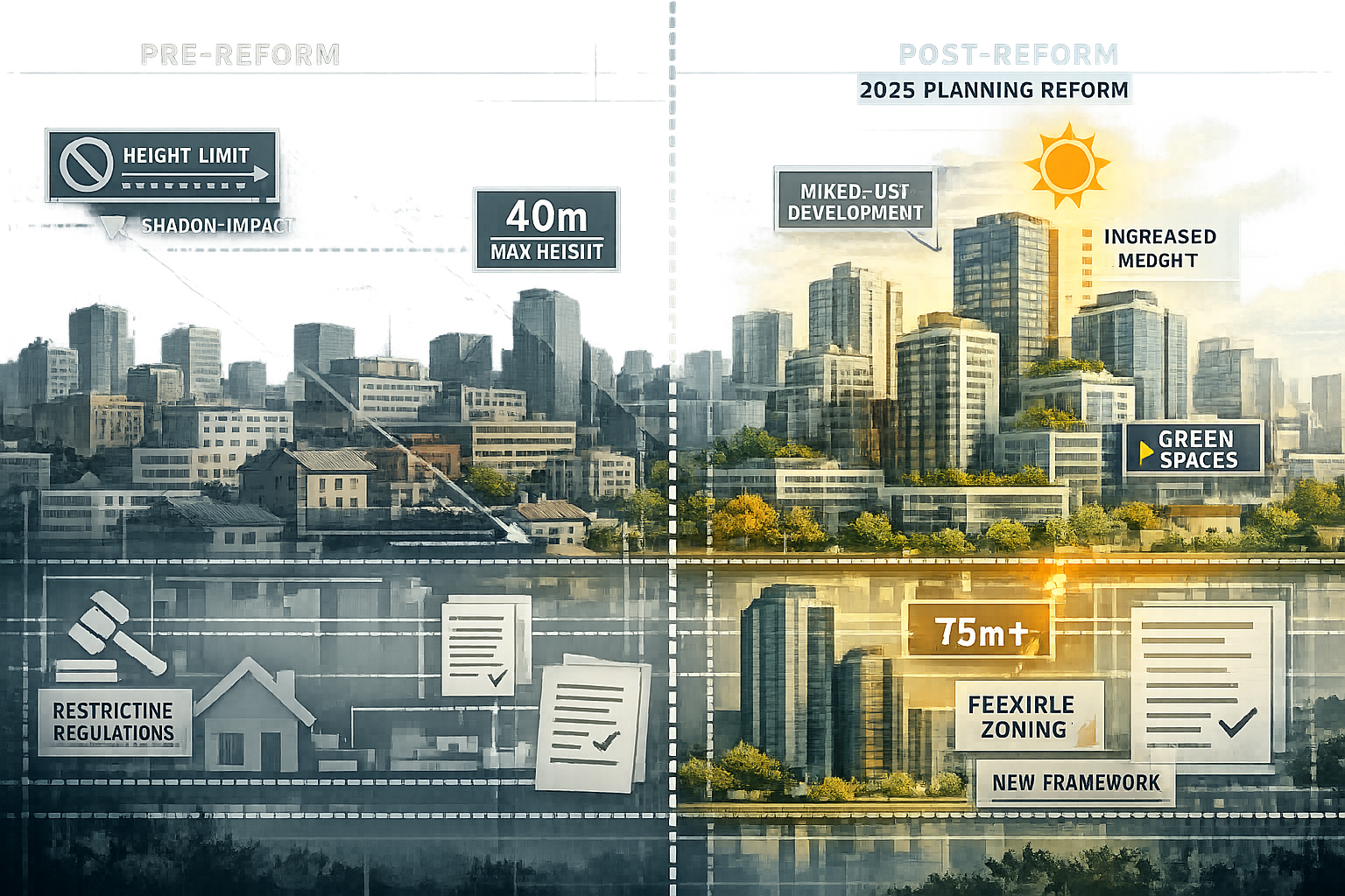Detailed architectural visualization illustrating 2026 Planning Reform Framework impact on urban development, split-screen