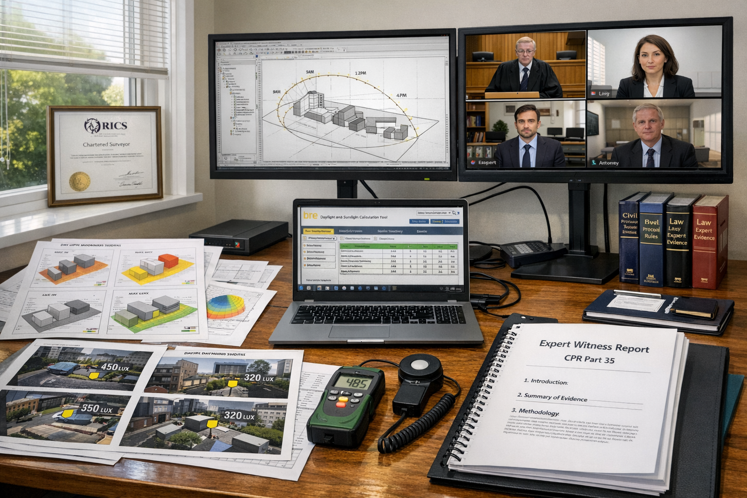 Detailed () image depicting surveyor's detailed evidence preparation workspace. Large desk surface covered with multiple