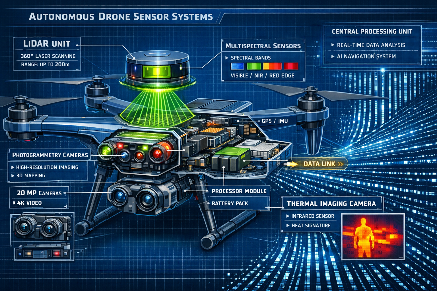 Detailed landscape format (1536x1024) technical illustration showing cutaway view of autonomous drone with labeled multi-sensor array includ