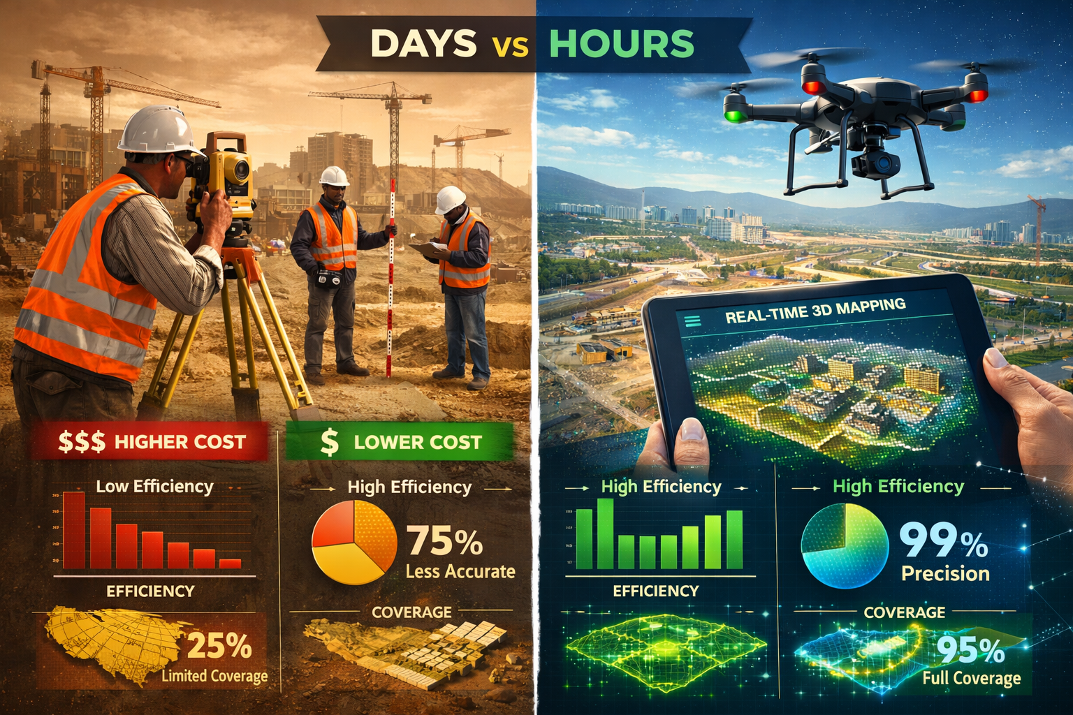 Landscape format (1536x1024) split-screen comparison image showing traditional ground surveying team with theodolites and measuring equipmen
