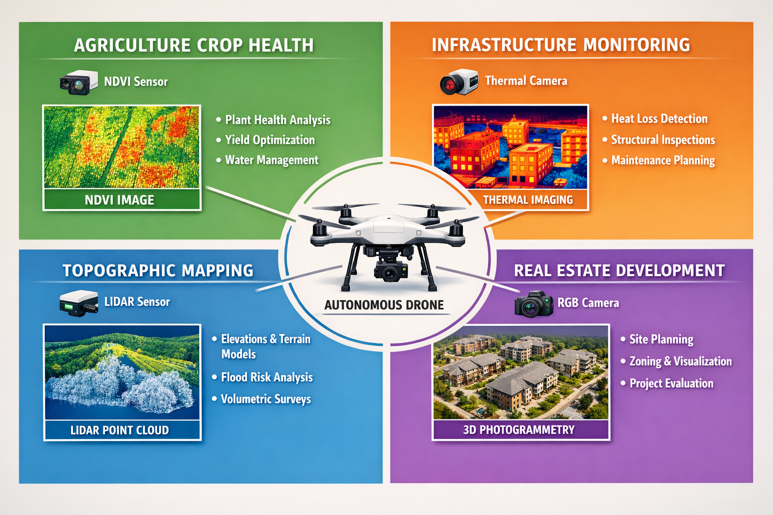 Landscape format (1536x1024) comprehensive infographic showing diverse applications of multi-sensor drone surveying across four quadrants: a