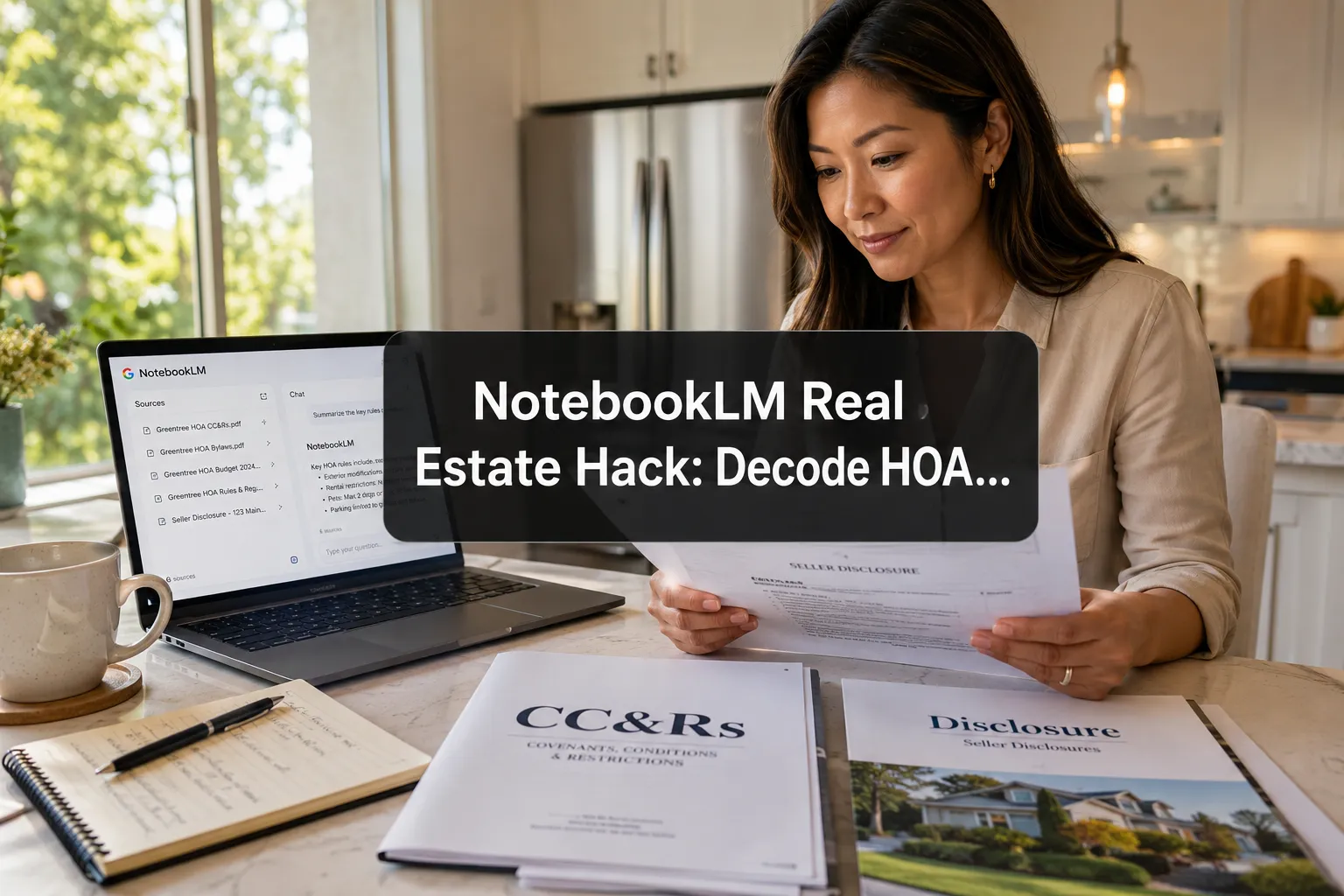 Professional () hero image with 'NotebookLM Real Estate Hack: Decode HOA…' (≤42 chars) in crisp white on a semi-transparent