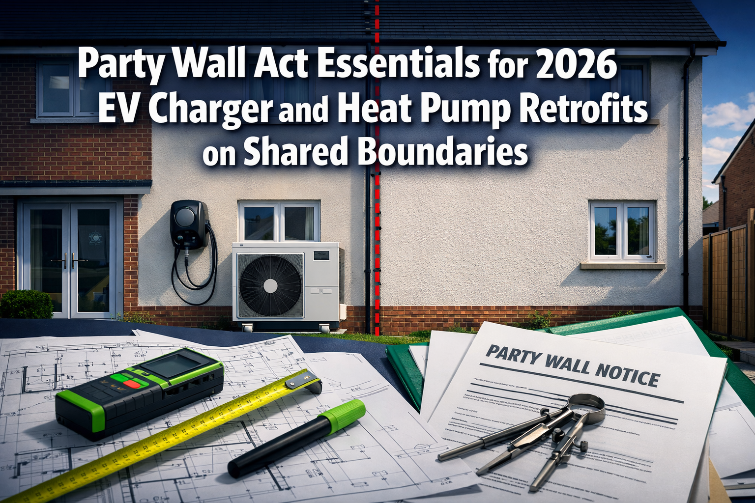 Professional landscape format (1536x1024) hero image featuring bold text overlay 'Party Wall Act Essentials for 2026 EV Charger and Heat Pum