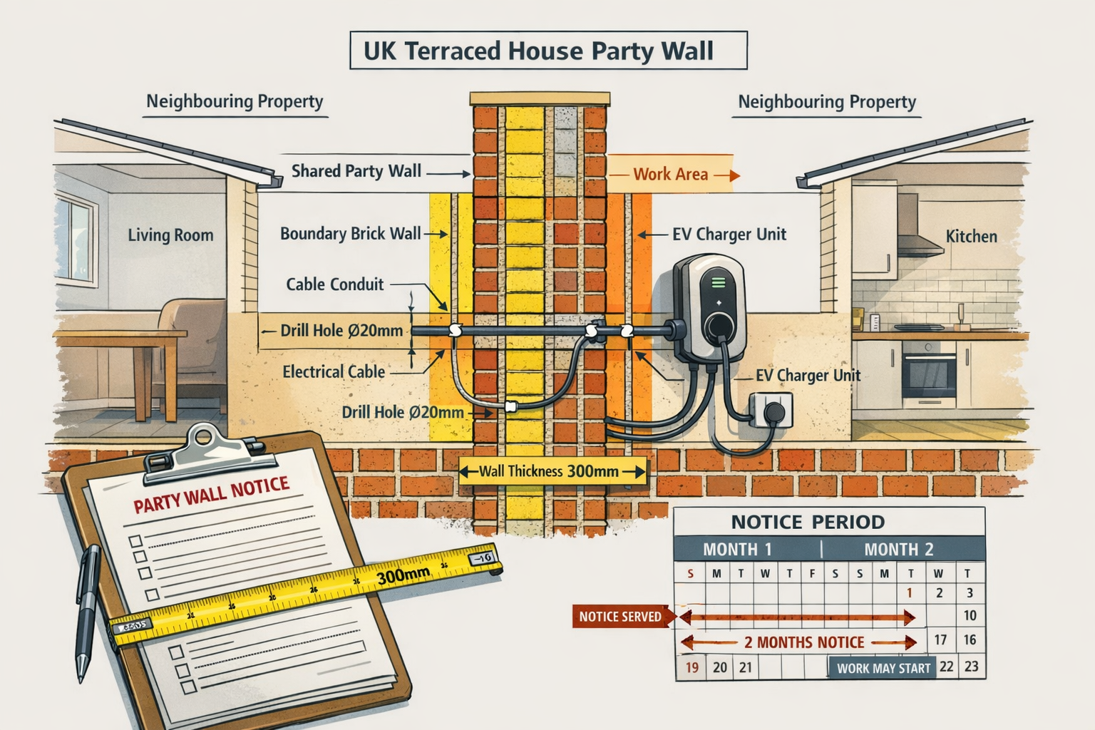 Detailed landscape format (1536x1024) illustration showing cross-section technical diagram of UK terraced house party wall with labeled comp