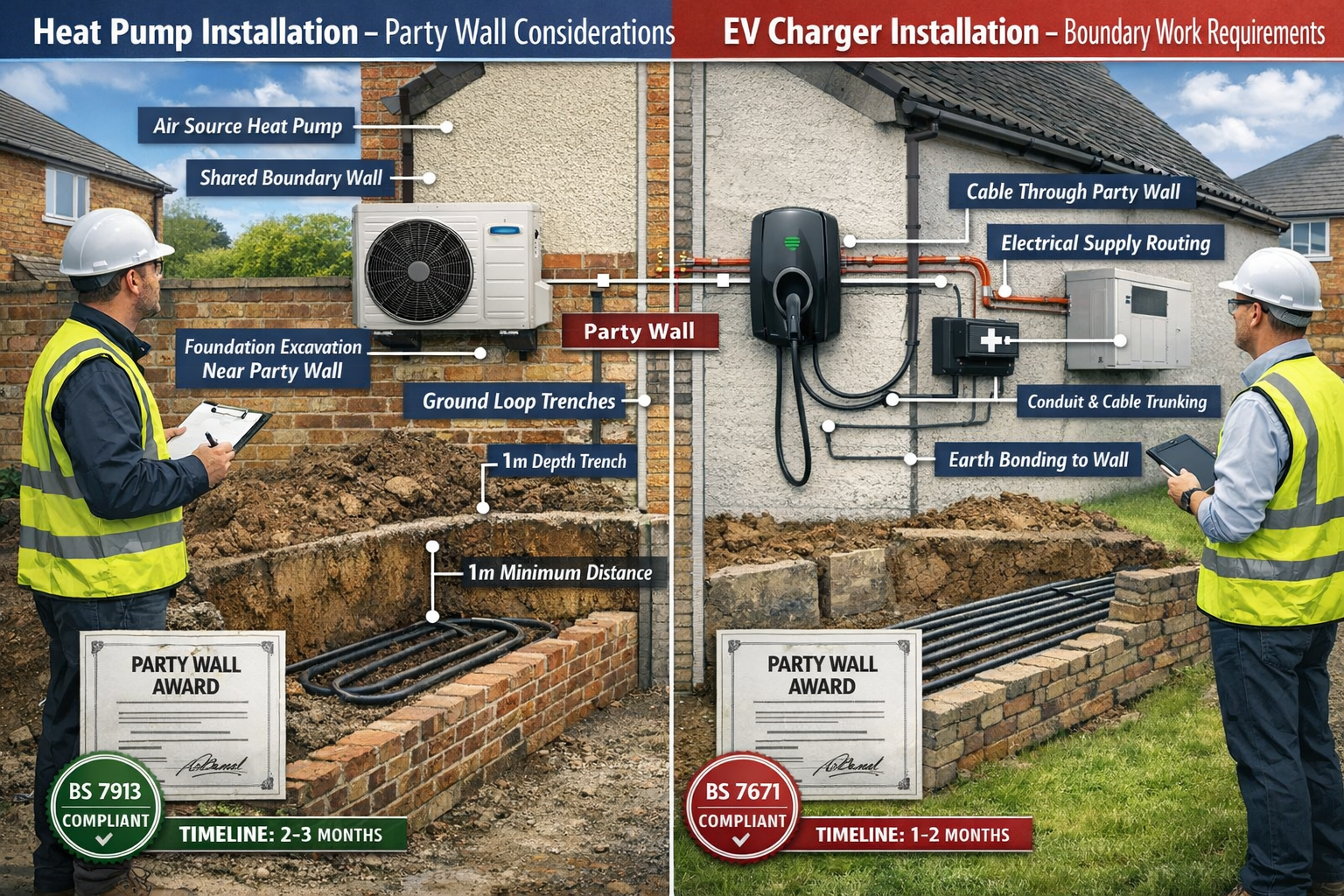 Comprehensive landscape format (1536x1024) visual comparison chart showing two scenarios side-by-side: LEFT panel displays 'Heat Pump Instal