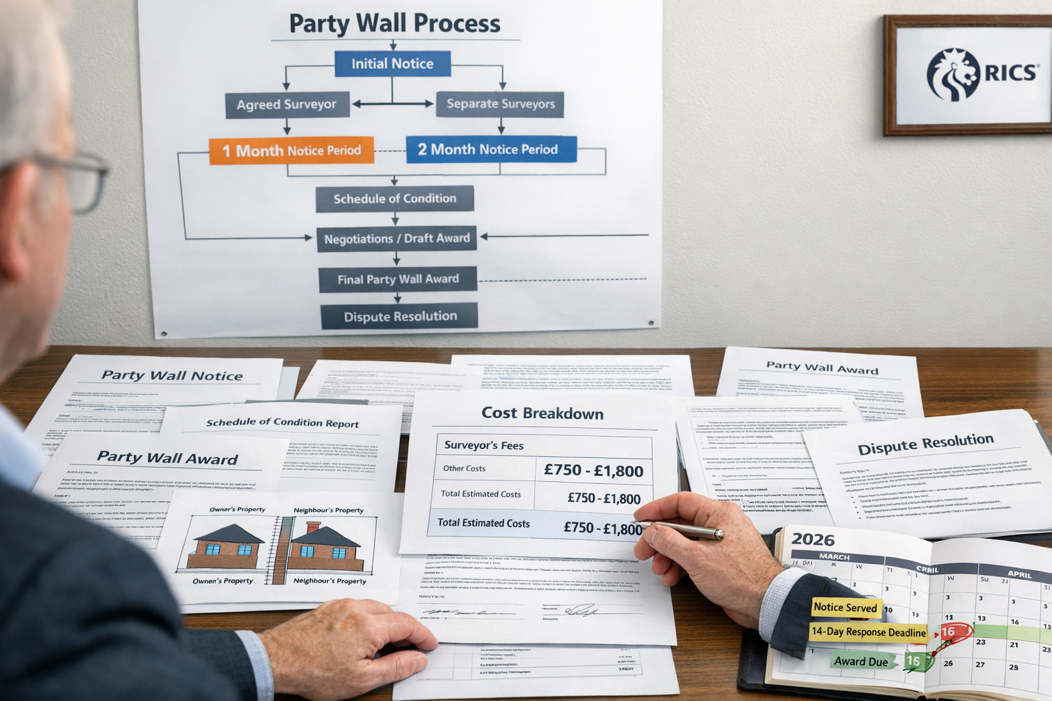 Detailed landscape format (1536x1024) office scene photograph showing professional party wall surveyor consultation meeting: large desk with