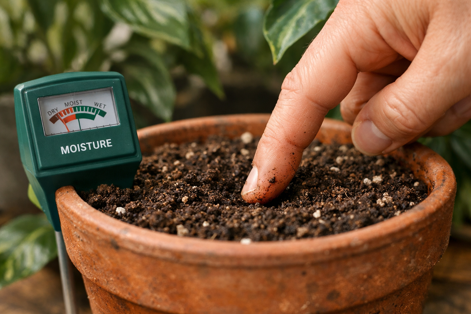 A close-up, detailed () image focusing on a hand gently testing soil moisture in a potted plant with a finger, illustrating