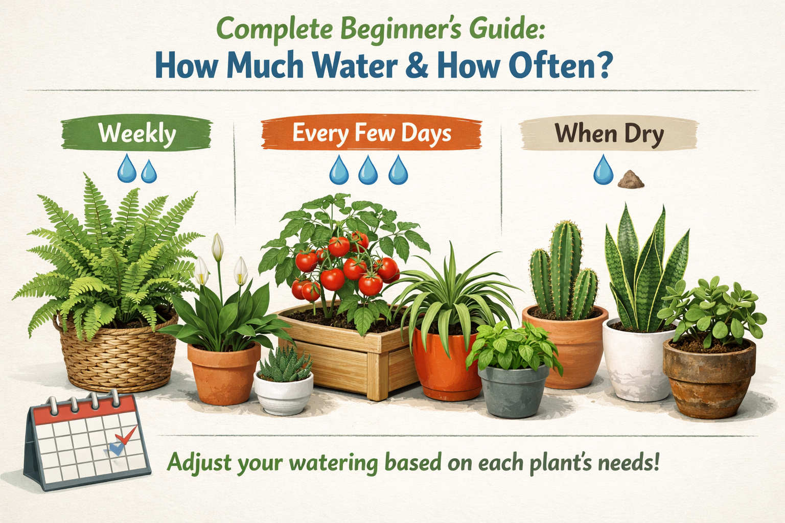 A () infographic illustration showing a diverse array of potted plants (e.g., a succulent, a fern, a tomato plant in a