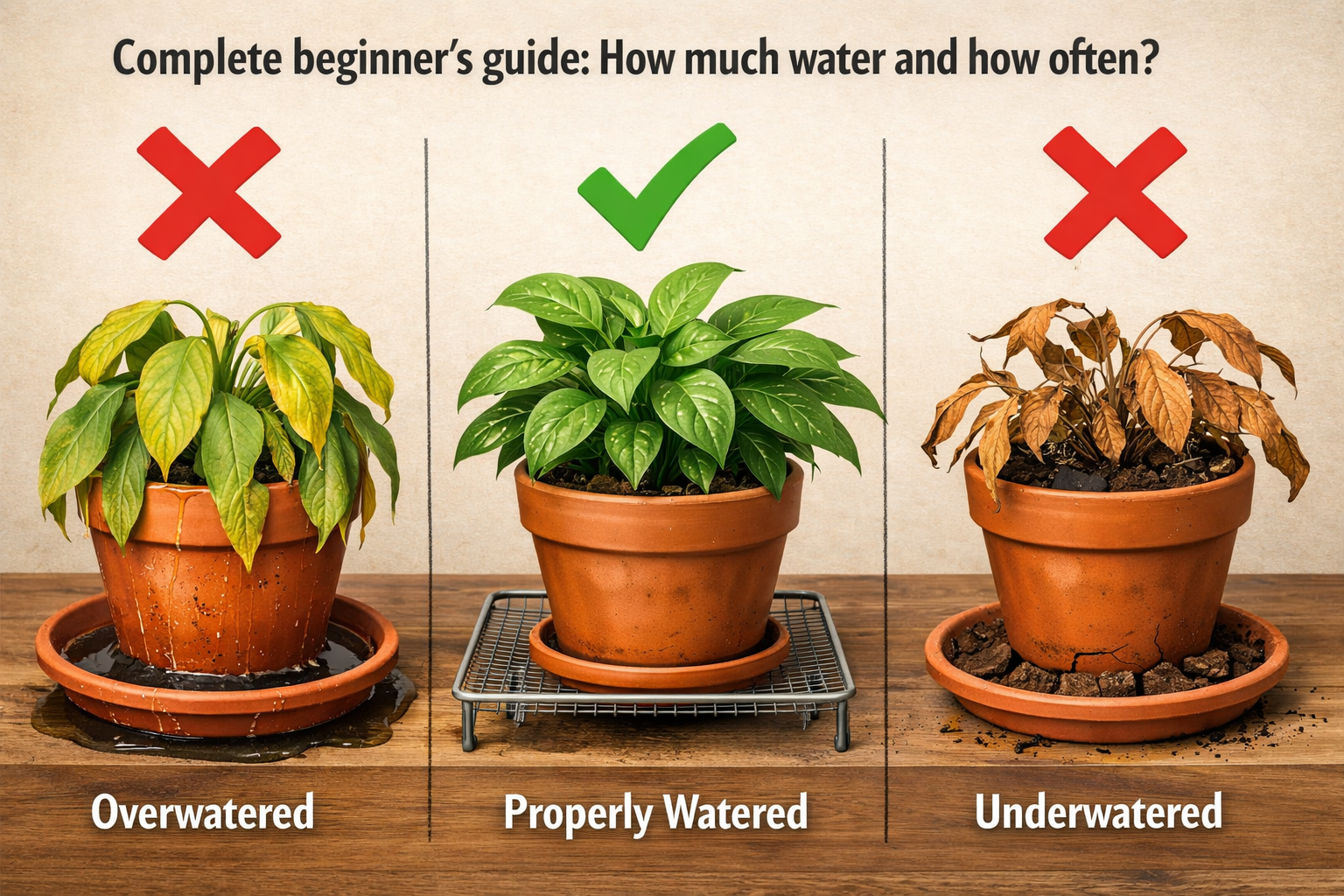 A clear, () image illustrating common watering mistakes. One side shows an overwatered plant with yellowing, drooping leaves