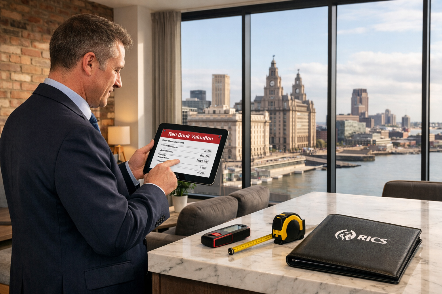 Detailed () image showing professional RICS chartered surveyor in business attire conducting property inspection inside