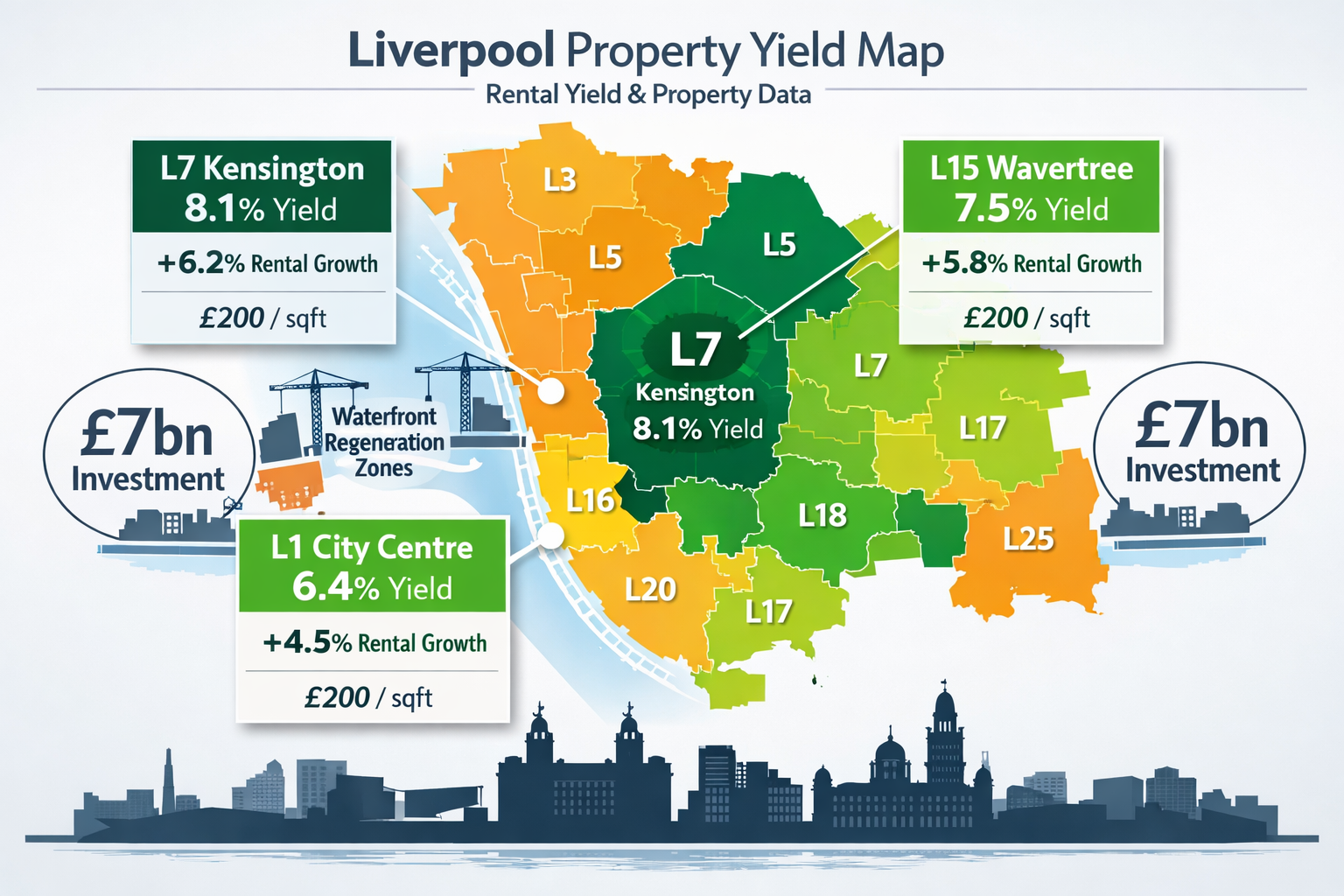 Wide-angle () infographic-style visualization showing Liverpool postcode map with color-coded yield zones, L7 Kensington