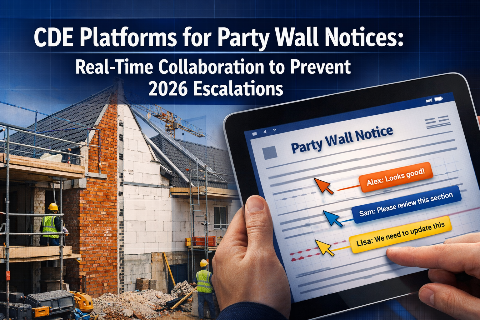 Professional () hero image with : 'CDE Platforms for Party Wall Notices: Real-Time Collaboration to Prevent 2026