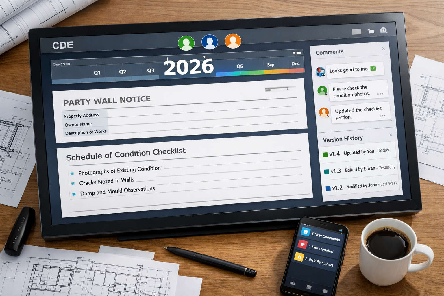 () editorial image showing overhead view of modern architect's desk with large touchscreen monitor displaying CDE platform
