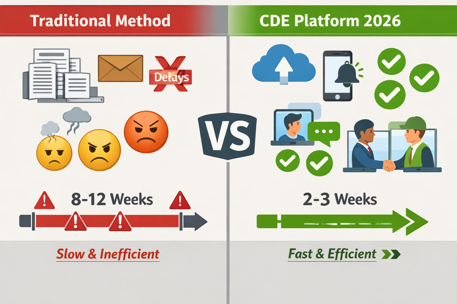 () detailed illustration showing side-by-side comparison infographic of traditional party wall notice workflow versus CDE