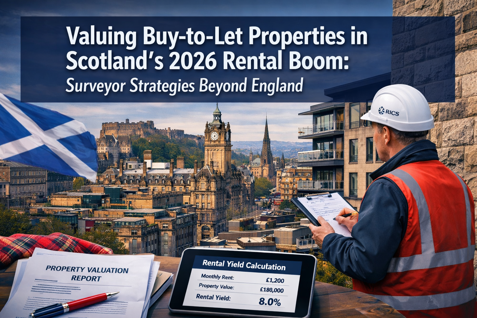 Professional landscape format (1536x1024) hero image featuring bold text overlay 'Valuing Buy-to-Let Properties in Scotland's 2026 Rental Bo