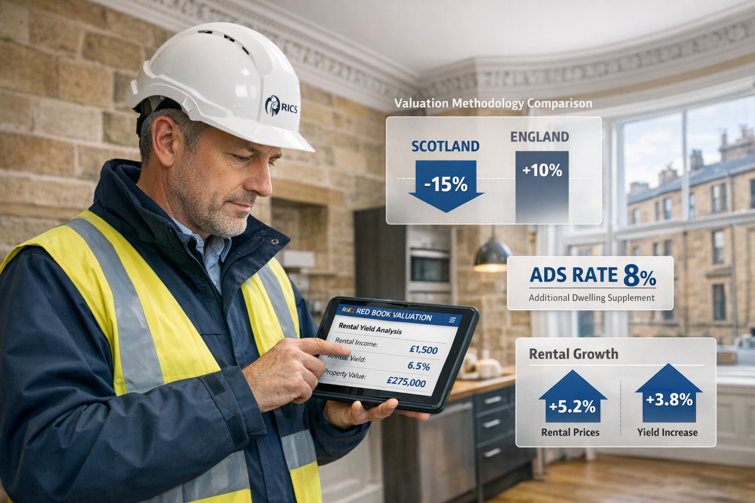 Detailed landscape format (1536x1024) image showing professional RICS chartered surveyor conducting property inspection inside Scottish tene