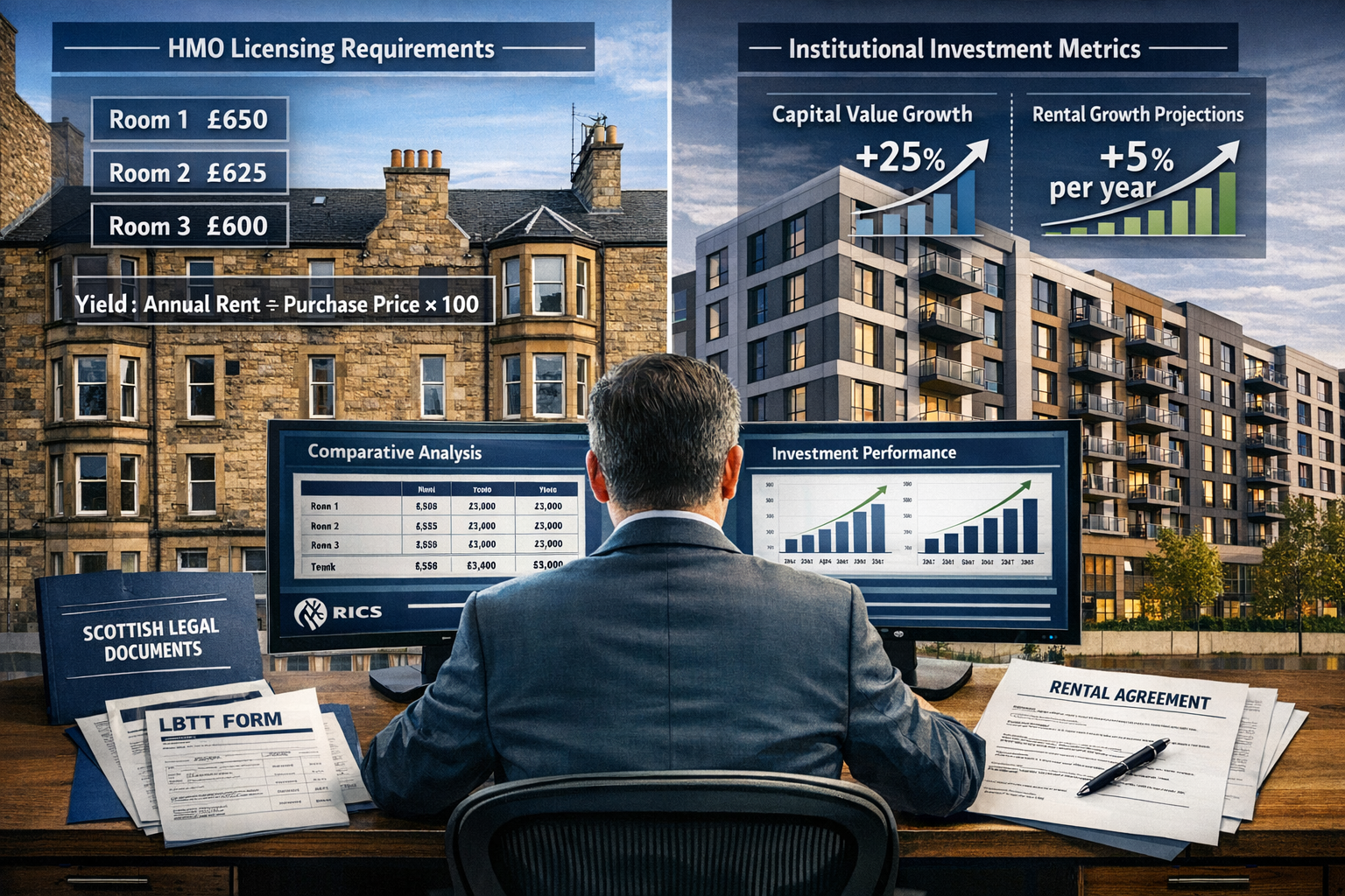 Detailed landscape format (1536x1024) image showing split-screen comparison of valuation strategies. Left half displays traditional Scottish