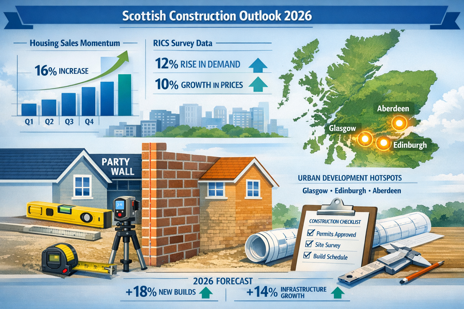 Detailed landscape format (1536x1024) illustration showing Scottish construction activity statistics for 2026 with infographic elements: bar