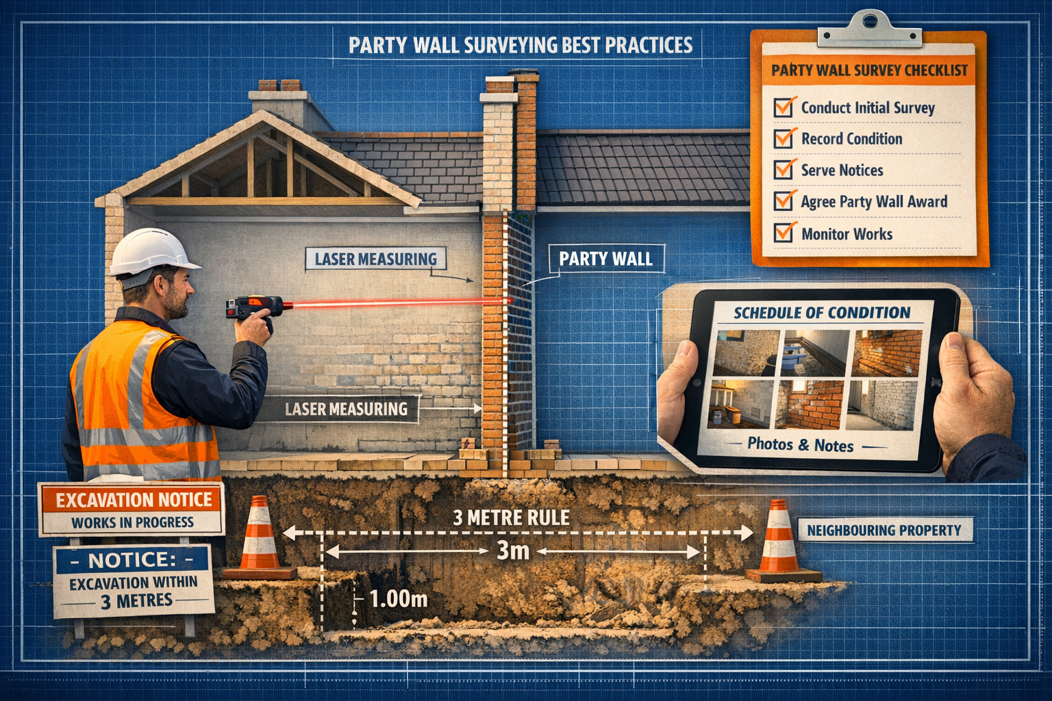 Detailed landscape format (1536x1024) technical diagram showing party wall surveying best practices: cross-section view of Scottish terraced