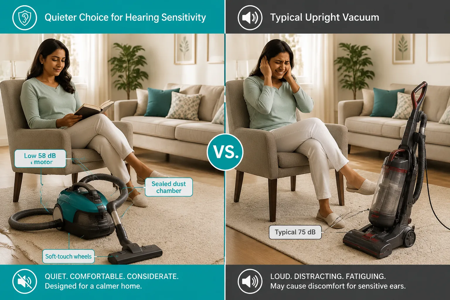 Annotated side-by-side documentary photograph (1536x1024): left side shows a woman with hearing sensitivity sitting calmly reading in a bright living room while a quiet canister vacuum runs nearby, callout labels pointing to 'Low 58 dB motor', 'Sealed dust chamber', 'Soft-touch wheels'. Right side shows same room with a loud upright vacuum, callout label 'Typical 75 dB'. Split-screen editorial style, warm natural daylight, teal accent divider line, magazine quality, diverse South Asian woman, 5% safe margins. Quietest Canister Vacuums: The Clear Leaders