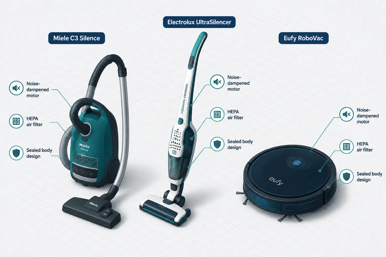 Isometric illustration (1536x1024) showing three quiet vacuum cleaner types arranged on a clean light-gray isometric grid: a canister vacuum labeled 'Miele C3 Silence', a stick vacuum labeled 'Electrolux UltraSilencer', and a robot vacuum labeled 'Eufy RoboVac'. Each unit has 2-3 short callout lines pointing to key components: 'Noise-dampened motor', 'HEPA air filter', 'Sealed body design'. Teal, white, and navy palette, editorial product illustration quality, 5% safe margins, no dollar amounts. Quiet Vacuums and Sustainability: Are They Worth the Extra Cost